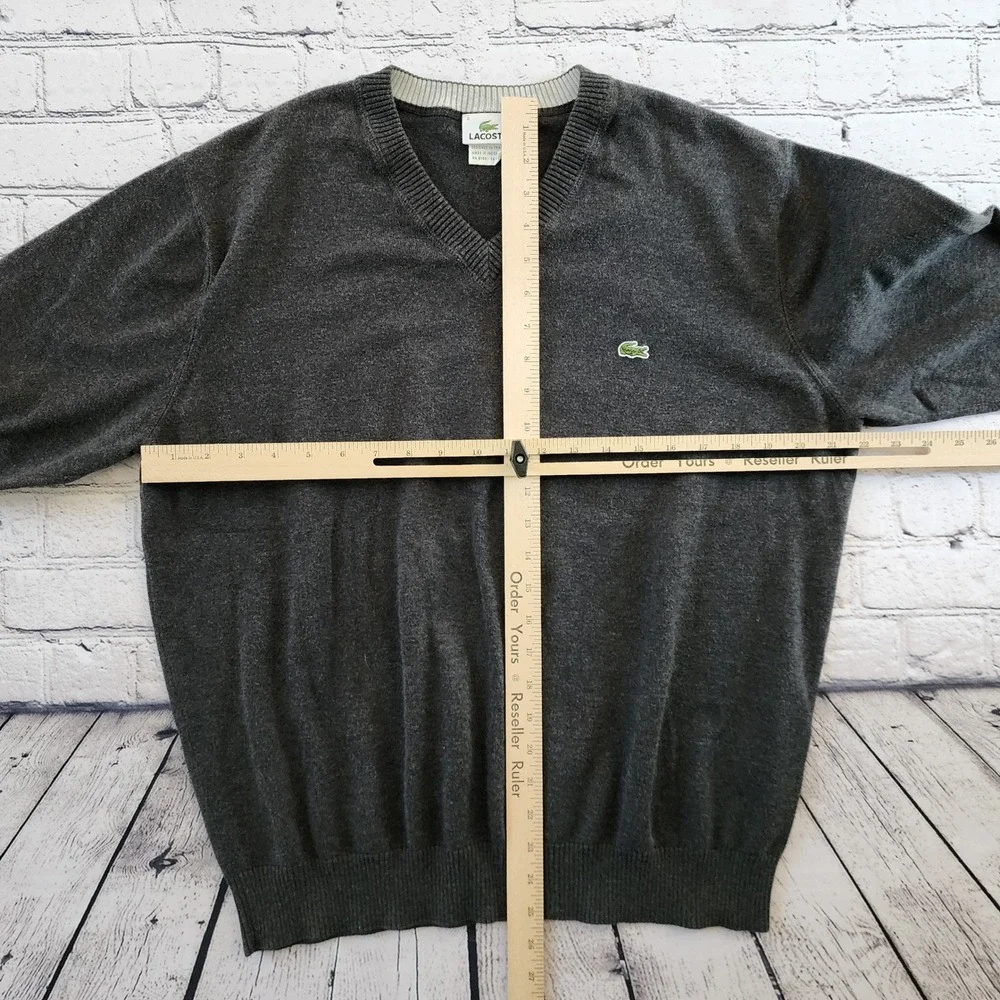 Lacoste Mens V-Neck Sweater Charcoal Gray Cotton Size 6 XL F5178 Crocodile Logo - Picture 4 of 8